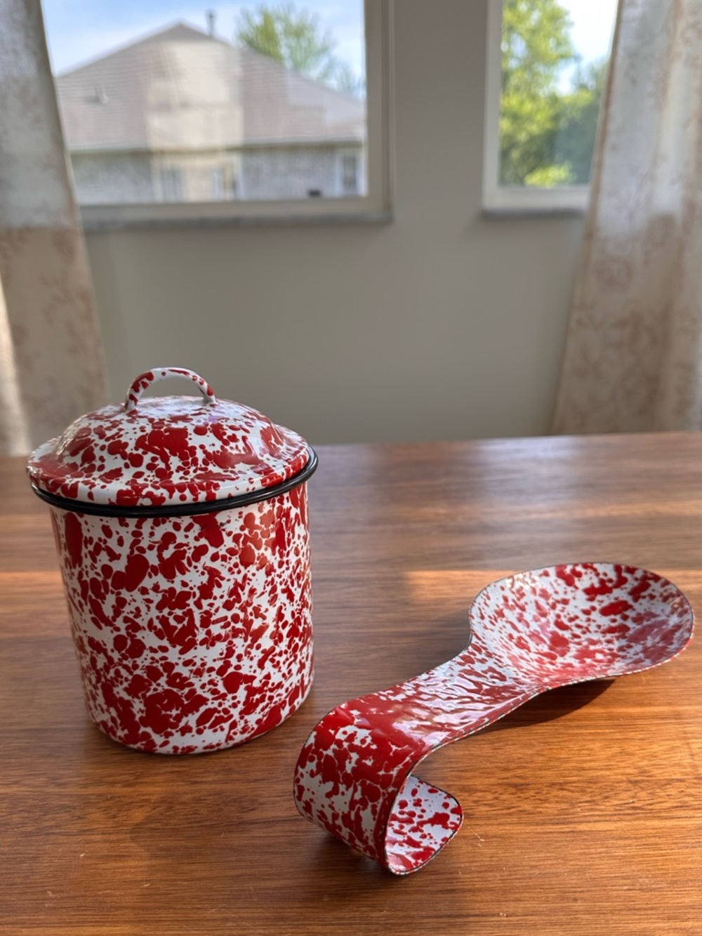 Vintage Red & White Splatter Enamelware Canister with Lid + Matching Spoon Rest